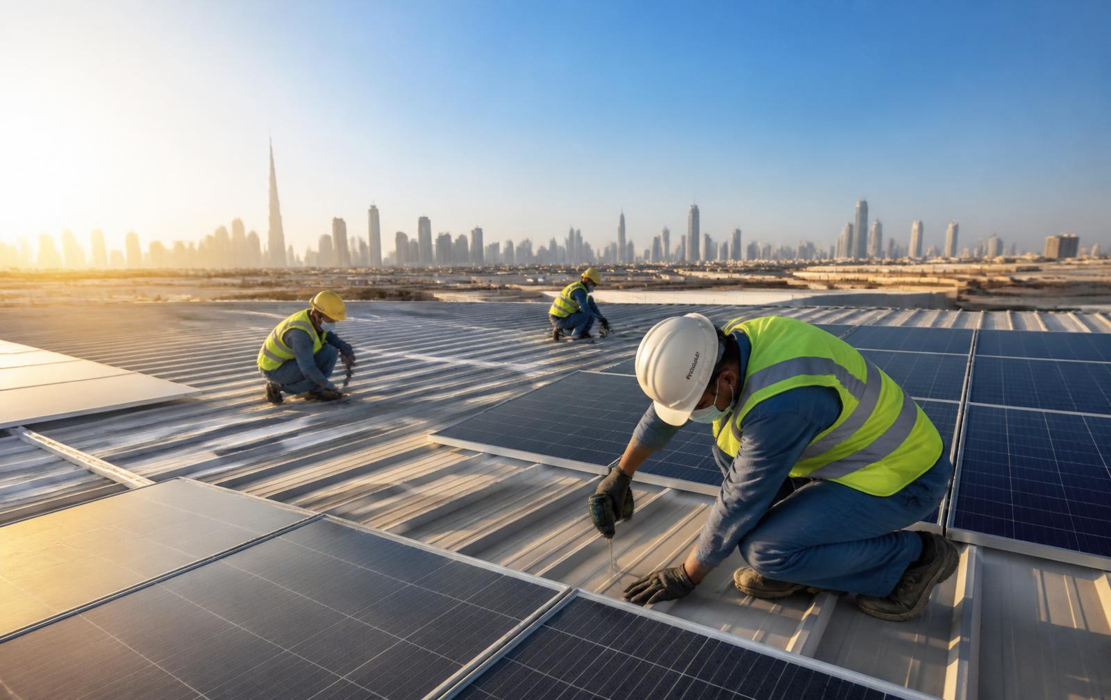 Técnicos de Producción Solar instalando paneles solares en un techo industrial