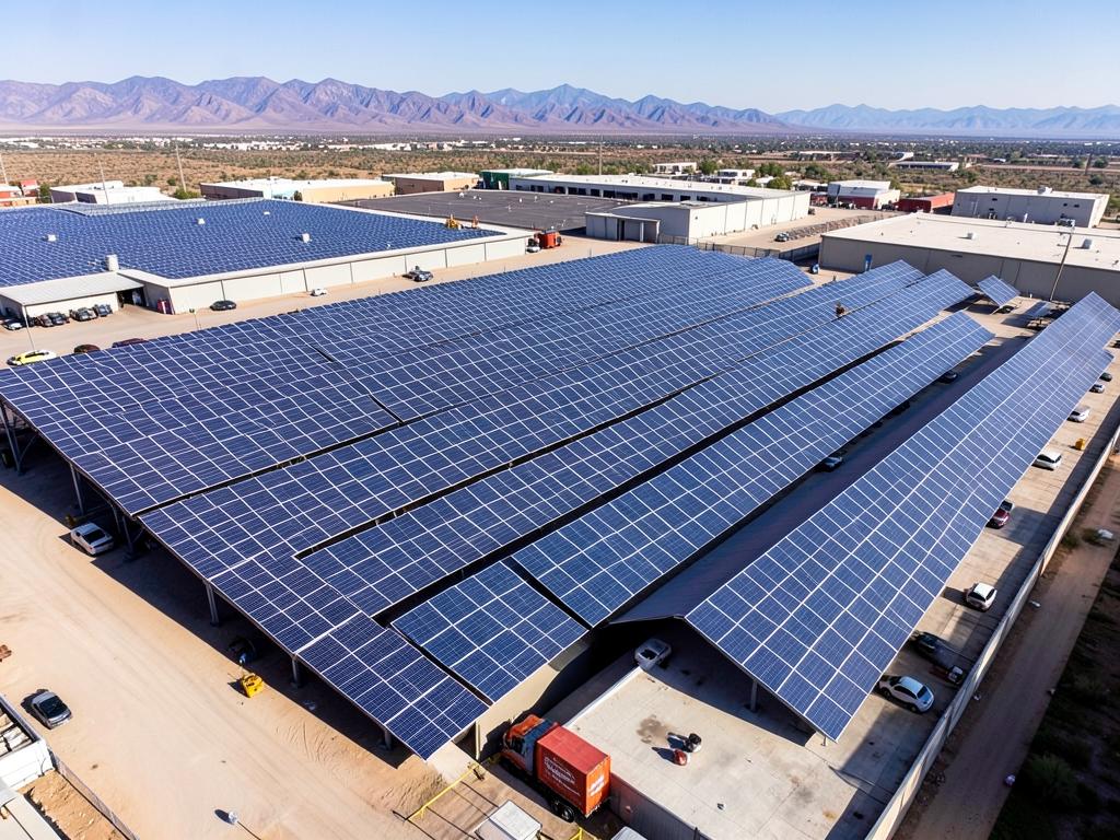 Vista aérea de una gran instalación de paneles solares en una nave industrial